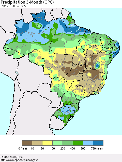 Brazil Precipitation 3-Month (CPC) Thematic Map For 4/21/2022 - 7/20/2022