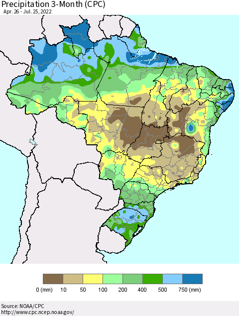 Brazil Precipitation 3-Month (CPC) Thematic Map For 4/26/2022 - 7/25/2022