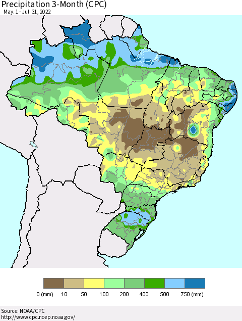 Brazil Precipitation 3-Month (CPC) Thematic Map For 5/1/2022 - 7/31/2022