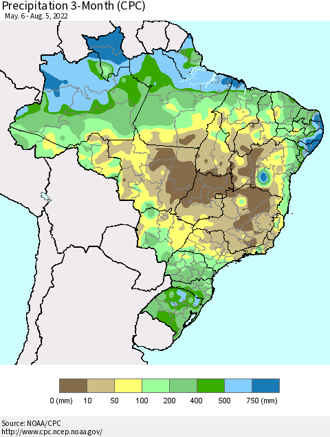 Brazil Precipitation 3-Month (CPC) Thematic Map For 5/6/2022 - 8/5/2022