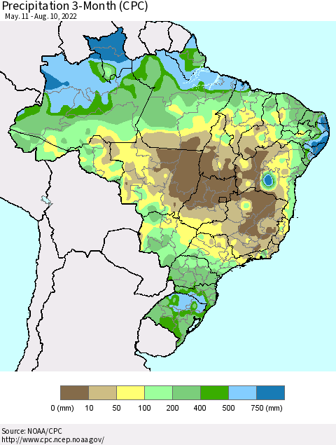 Brazil Precipitation 3-Month (CPC) Thematic Map For 5/11/2022 - 8/10/2022