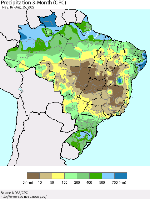 Brazil Precipitation 3-Month (CPC) Thematic Map For 5/16/2022 - 8/15/2022
