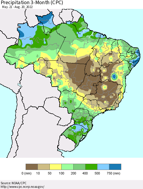 Brazil Precipitation 3-Month (CPC) Thematic Map For 5/21/2022 - 8/20/2022