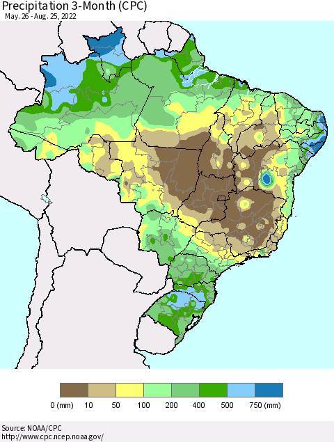 Brazil Precipitation 3-Month (CPC) Thematic Map For 5/26/2022 - 8/25/2022