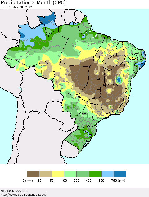Brazil Precipitation 3-Month (CPC) Thematic Map For 6/1/2022 - 8/31/2022