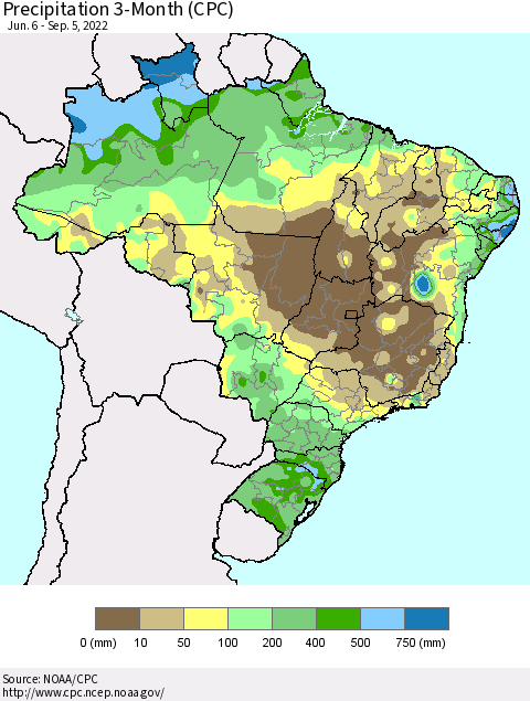 Brazil Precipitation 3-Month (CPC) Thematic Map For 6/6/2022 - 9/5/2022