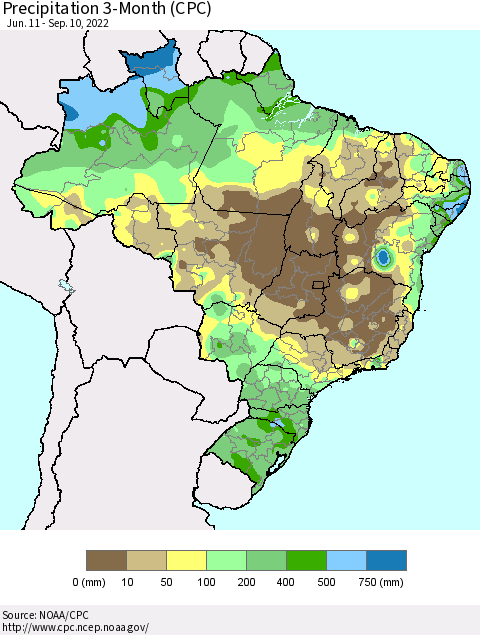 Brazil Precipitation 3-Month (CPC) Thematic Map For 6/11/2022 - 9/10/2022