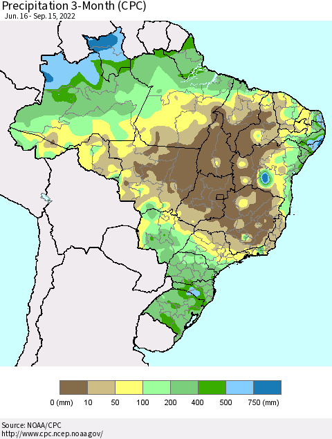 Brazil Precipitation 3-Month (CPC) Thematic Map For 6/16/2022 - 9/15/2022