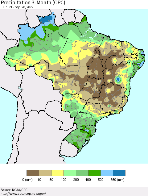 Brazil Precipitation 3-Month (CPC) Thematic Map For 6/21/2022 - 9/20/2022
