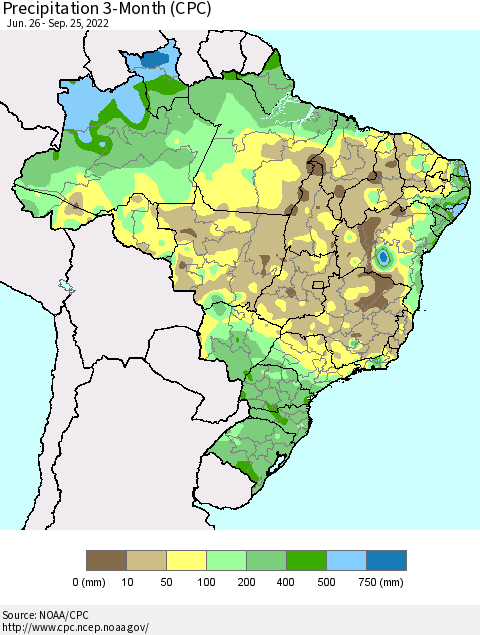 Brazil Precipitation 3-Month (CPC) Thematic Map For 6/26/2022 - 9/25/2022