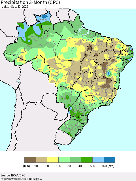 Brazil Precipitation 3-Month (CPC) Thematic Map For 7/1/2022 - 9/30/2022