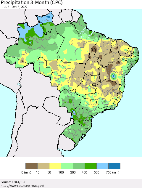 Brazil Precipitation 3-Month (CPC) Thematic Map For 7/6/2022 - 10/5/2022