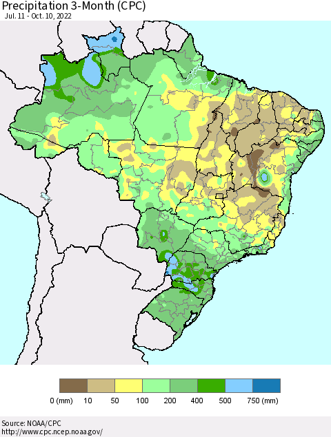Brazil Precipitation 3-Month (CPC) Thematic Map For 7/11/2022 - 10/10/2022