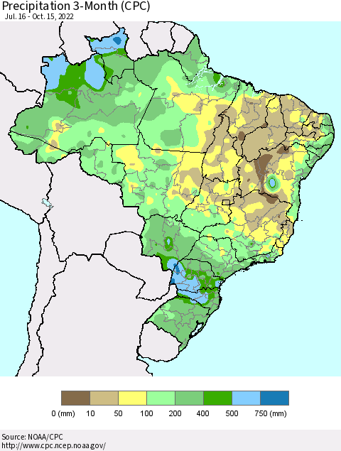 Brazil Precipitation 3-Month (CPC) Thematic Map For 7/16/2022 - 10/15/2022