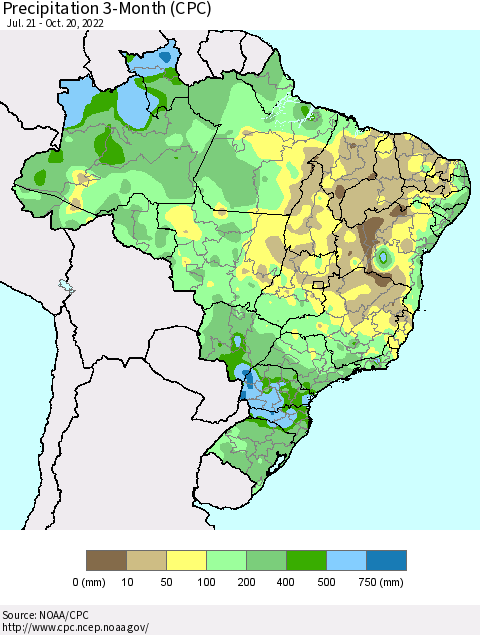 Brazil Precipitation 3-Month (CPC) Thematic Map For 7/21/2022 - 10/20/2022
