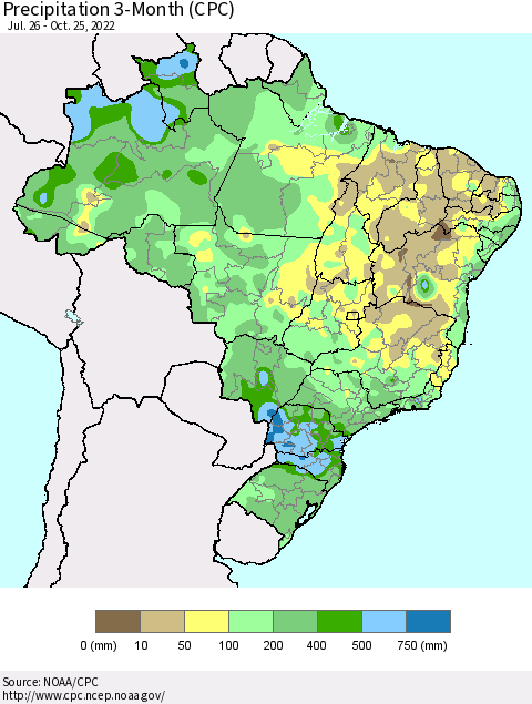 Brazil Precipitation 3-Month (CPC) Thematic Map For 7/26/2022 - 10/25/2022
