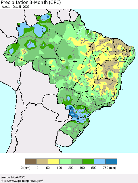 Brazil Precipitation 3-Month (CPC) Thematic Map For 8/1/2022 - 10/31/2022