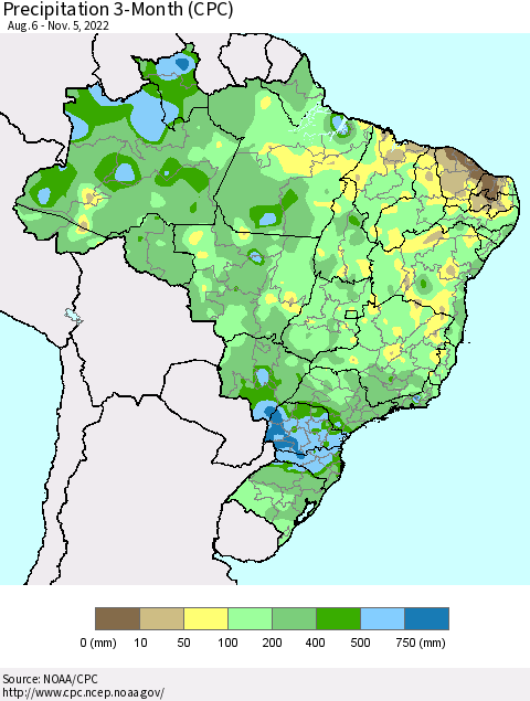Brazil Precipitation 3-Month (CPC) Thematic Map For 8/6/2022 - 11/5/2022