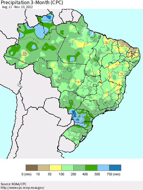 Brazil Precipitation 3-Month (CPC) Thematic Map For 8/11/2022 - 11/10/2022