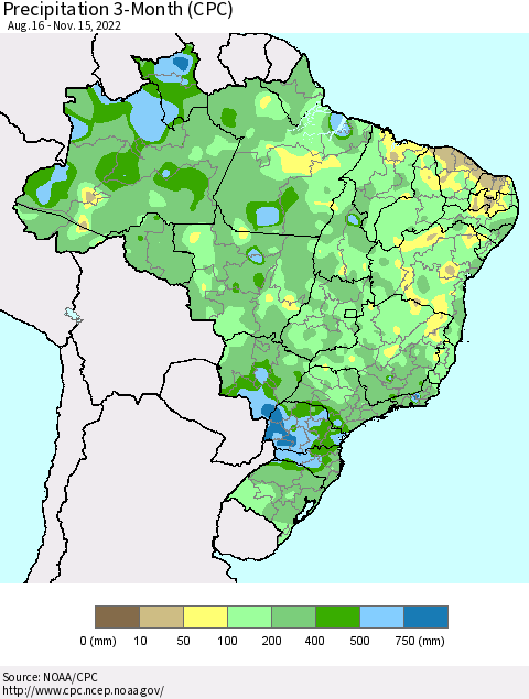 Brazil Precipitation 3-Month (CPC) Thematic Map For 8/16/2022 - 11/15/2022