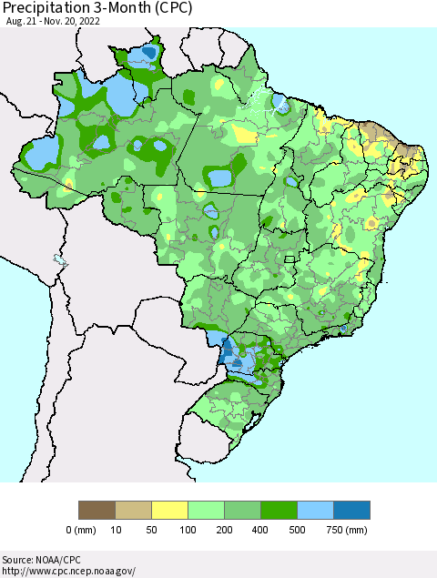 Brazil Precipitation 3-Month (CPC) Thematic Map For 8/21/2022 - 11/20/2022