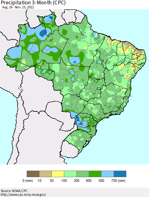 Brazil Precipitation 3-Month (CPC) Thematic Map For 8/26/2022 - 11/25/2022