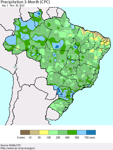Brazil Precipitation 3-Month (CPC) Thematic Map For 9/1/2022 - 11/30/2022