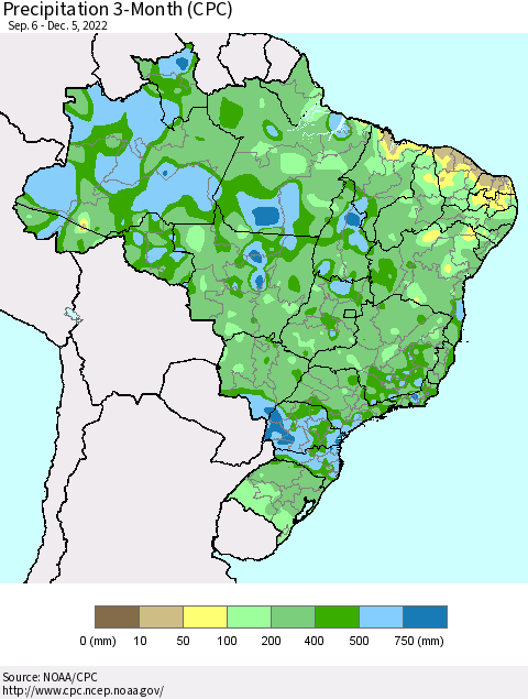 Brazil Precipitation 3-Month (CPC) Thematic Map For 9/6/2022 - 12/5/2022