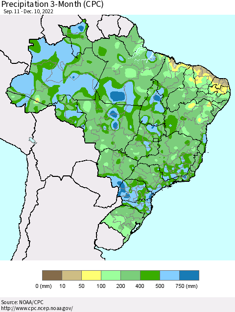 Brazil Precipitation 3-Month (CPC) Thematic Map For 9/11/2022 - 12/10/2022