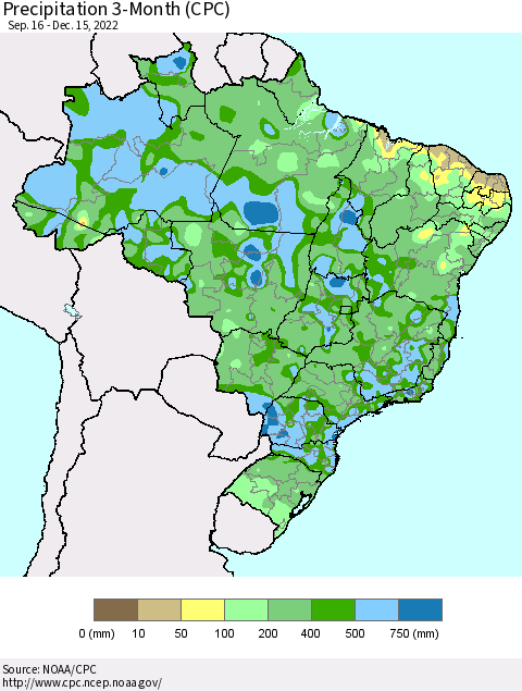 Brazil Precipitation 3-Month (CPC) Thematic Map For 9/16/2022 - 12/15/2022