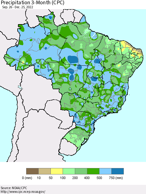 Brazil Precipitation 3-Month (CPC) Thematic Map For 9/26/2022 - 12/25/2022