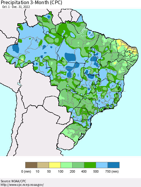 Brazil Precipitation 3-Month (CPC) Thematic Map For 10/1/2022 - 12/31/2022