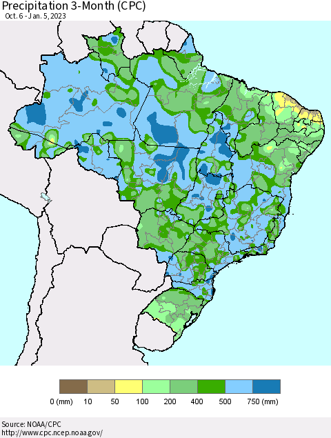 Brazil Precipitation 3-Month (CPC) Thematic Map For 10/6/2022 - 1/5/2023