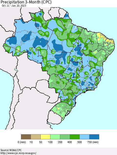 Brazil Precipitation 3-Month (CPC) Thematic Map For 10/11/2022 - 1/10/2023