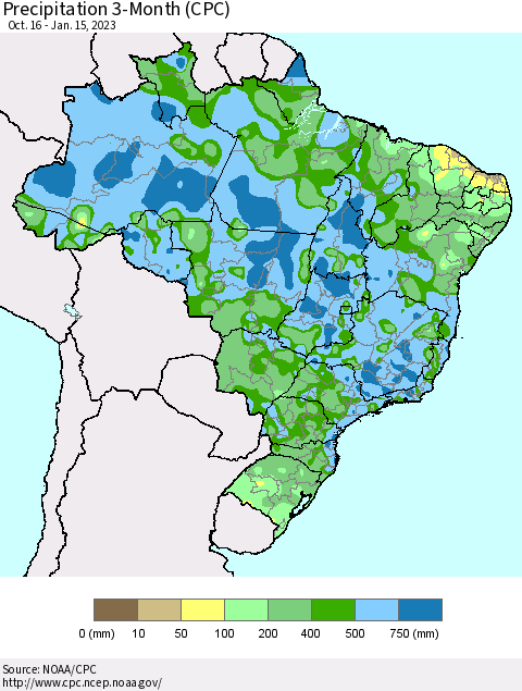 Brazil Precipitation 3-Month (CPC) Thematic Map For 10/16/2022 - 1/15/2023