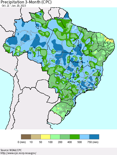Brazil Precipitation 3-Month (CPC) Thematic Map For 10/21/2022 - 1/20/2023