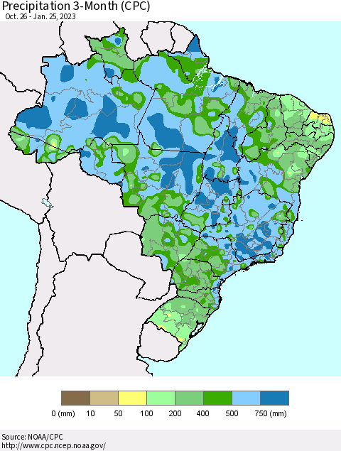 Brazil Precipitation 3-Month (CPC) Thematic Map For 10/26/2022 - 1/25/2023