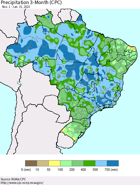 Brazil Precipitation 3-Month (CPC) Thematic Map For 11/1/2022 - 1/31/2023