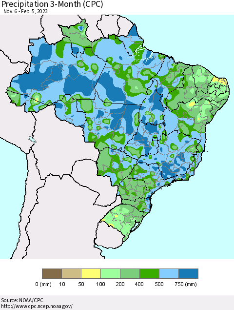 Brazil Precipitation 3-Month (CPC) Thematic Map For 11/6/2022 - 2/5/2023