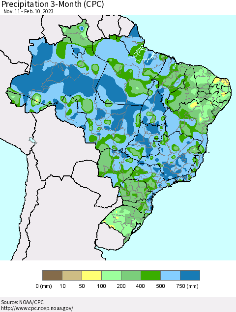 Brazil Precipitation 3-Month (CPC) Thematic Map For 11/11/2022 - 2/10/2023