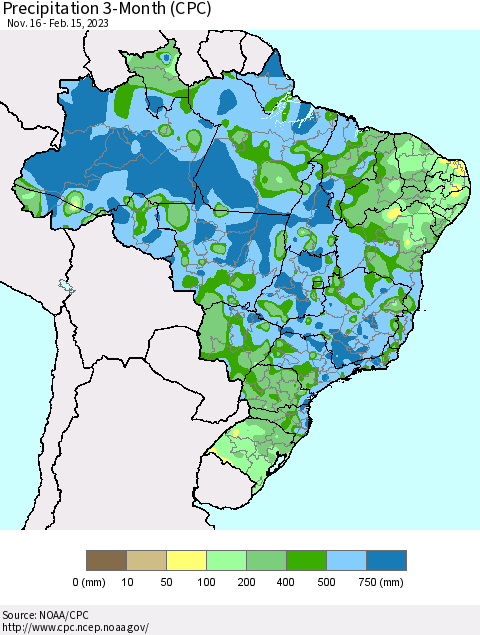 Brazil Precipitation 3-Month (CPC) Thematic Map For 11/16/2022 - 2/15/2023