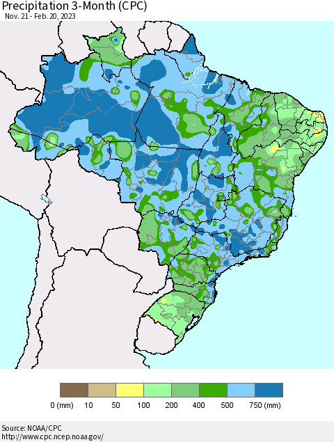 Brazil Precipitation 3-Month (CPC) Thematic Map For 11/21/2022 - 2/20/2023