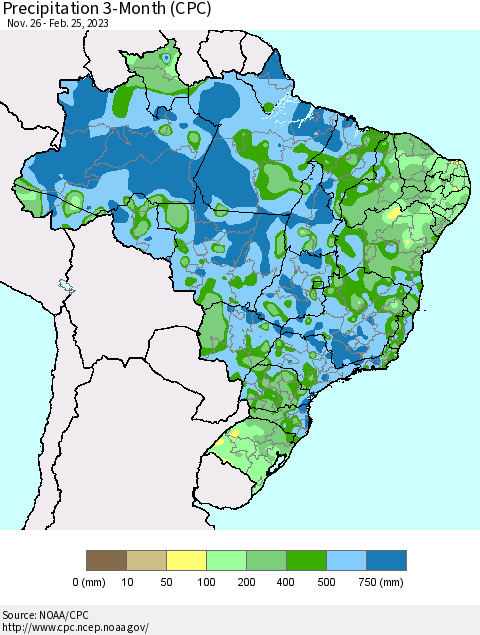 Brazil Precipitation 3-Month (CPC) Thematic Map For 11/26/2022 - 2/25/2023