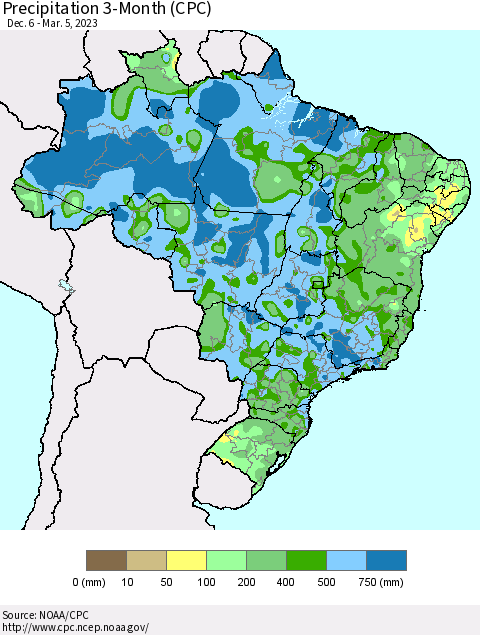 Brazil Precipitation 3-Month (CPC) Thematic Map For 12/6/2022 - 3/5/2023