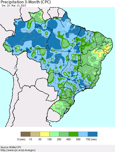 Brazil Precipitation 3-Month (CPC) Thematic Map For 12/16/2022 - 3/15/2023