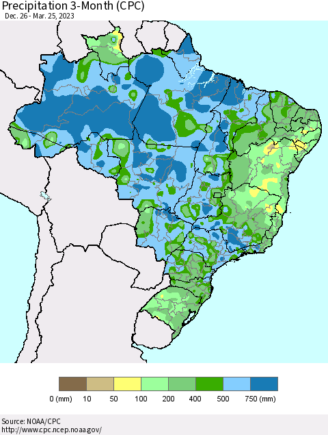 Brazil Precipitation 3-Month (CPC) Thematic Map For 12/26/2022 - 3/25/2023