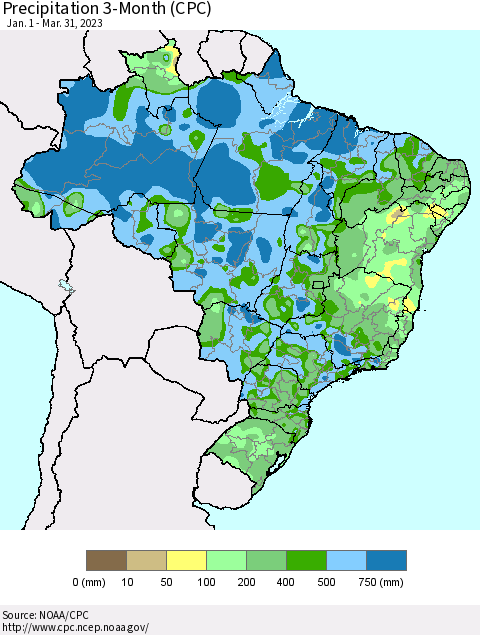 Brazil Precipitation 3-Month (CPC) Thematic Map For 1/1/2023 - 3/31/2023