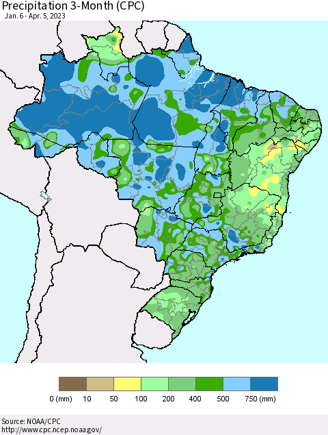 Brazil Precipitation 3-Month (CPC) Thematic Map For 1/6/2023 - 4/5/2023