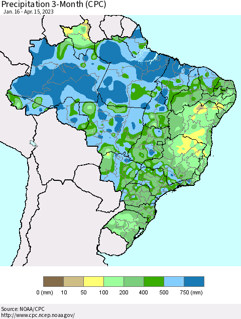 Brazil Precipitation 3-Month (CPC) Thematic Map For 1/16/2023 - 4/15/2023