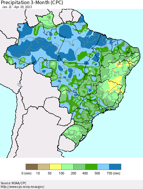 Brazil Precipitation 3-Month (CPC) Thematic Map For 1/21/2023 - 4/20/2023